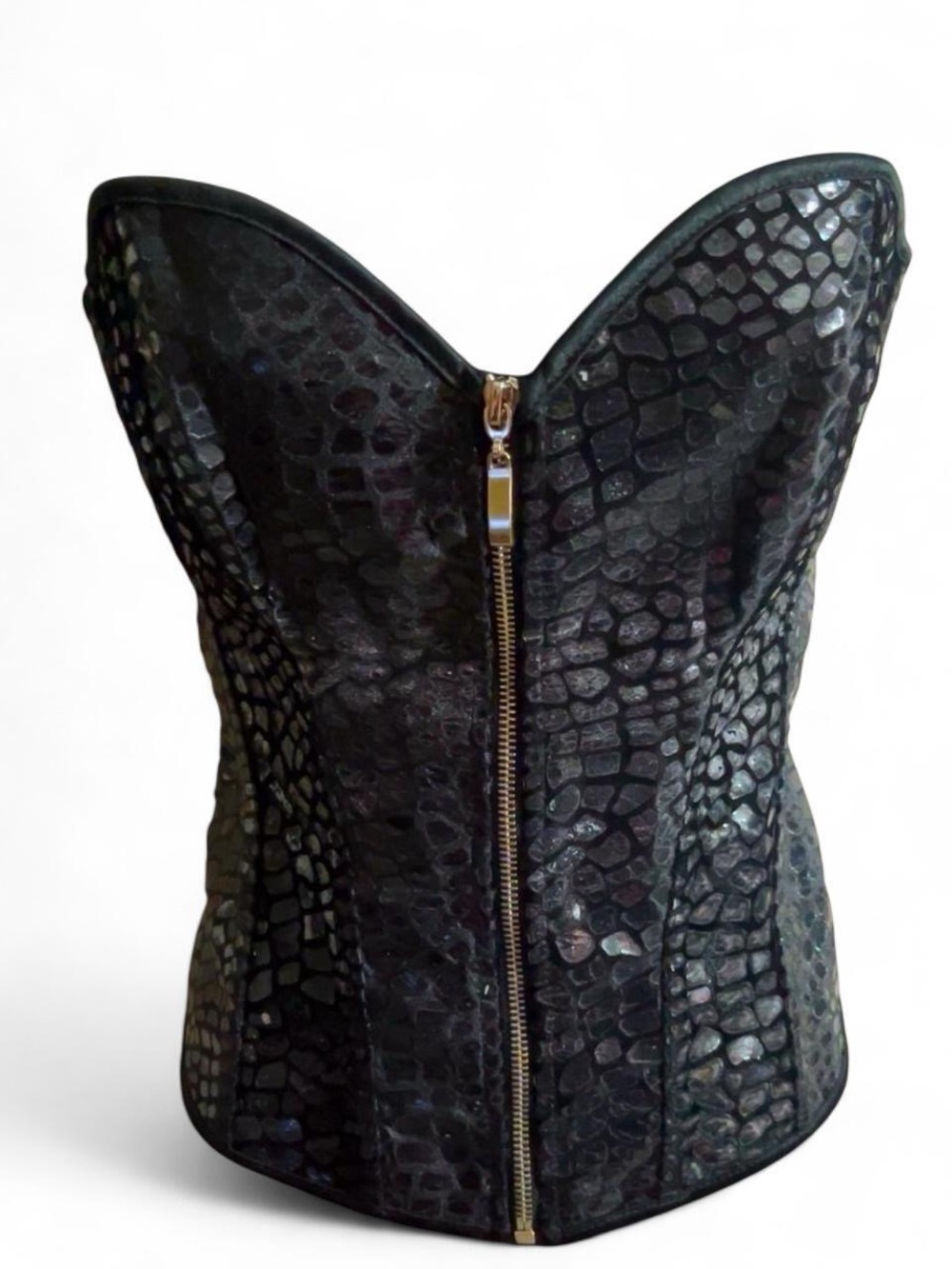 Black Croc-Embossed Strapless Zip-Front Corset Bodysuit